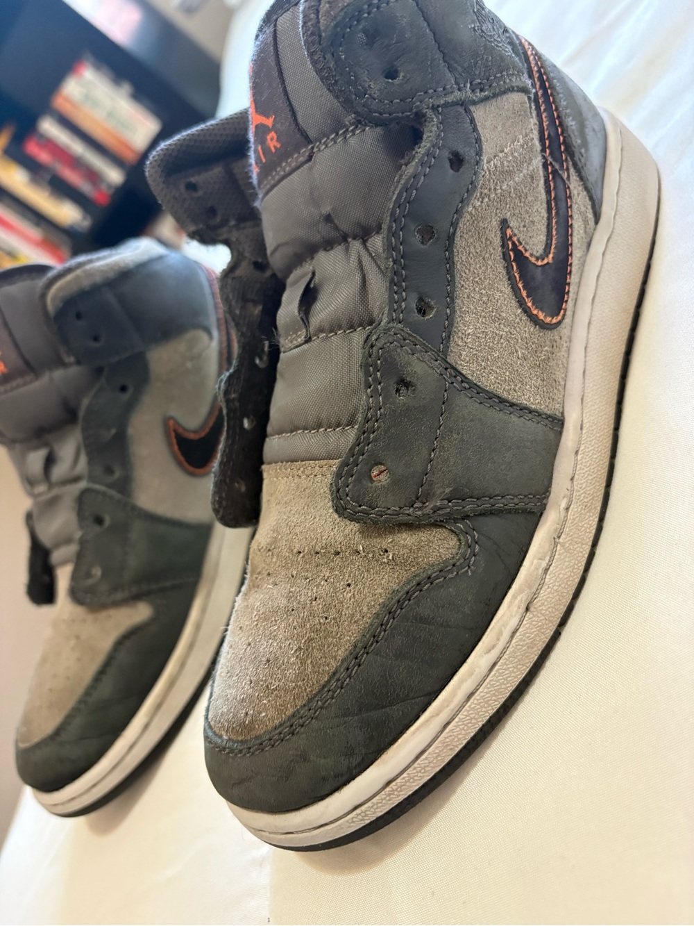 Jordan Air Gray Suede High-Top Sneakers with Orange Accent size 4.5 Y